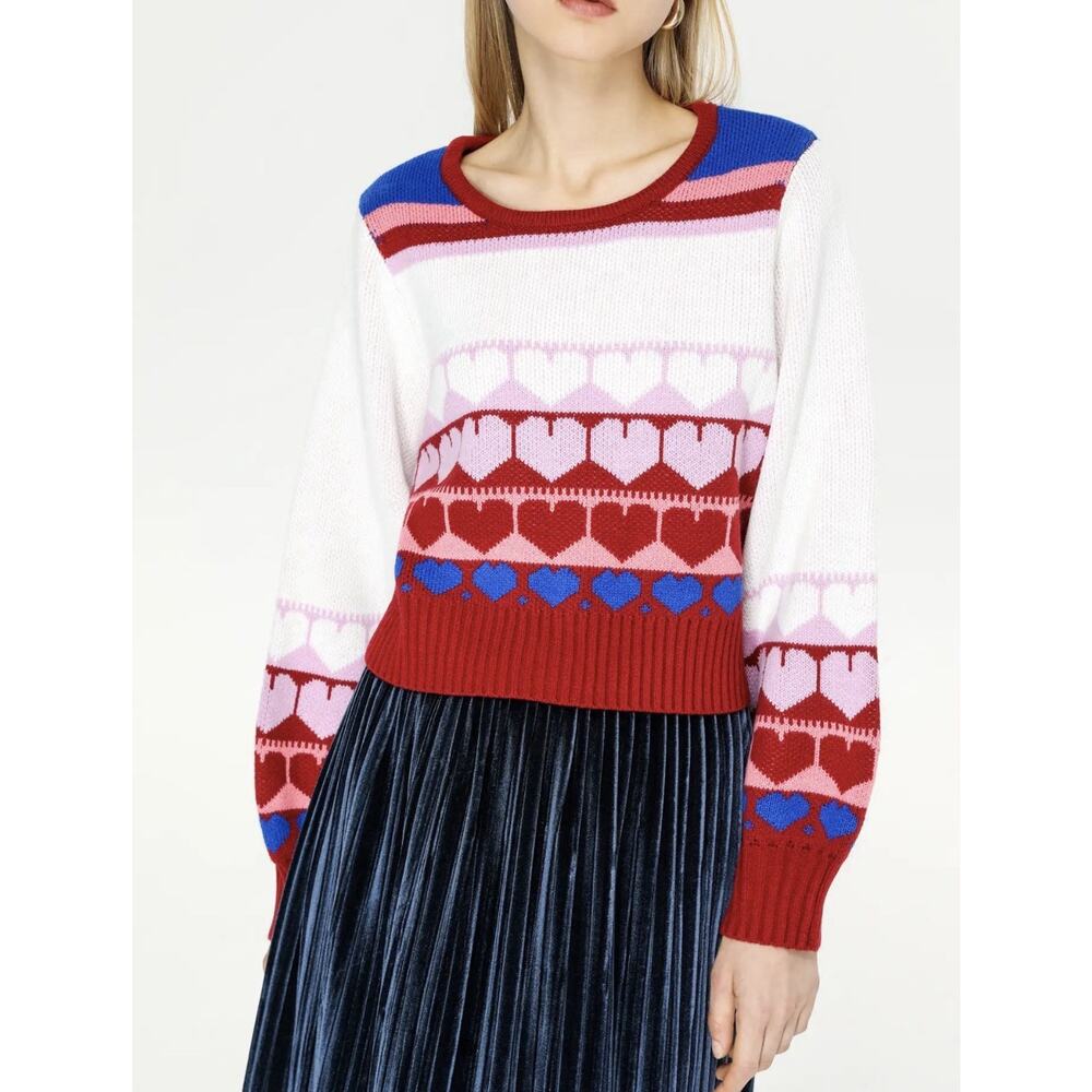 Cider Women's Cropped Cozy Sweater Pullover Heart Pattern Puff Sleeve-Size Small
